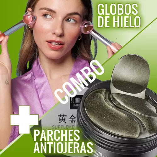COMBO 60 PARCHES HIDROGEL ANTIOJERAS + KIT GLOBOS DE HIELO PARA MASAJES FACIALES